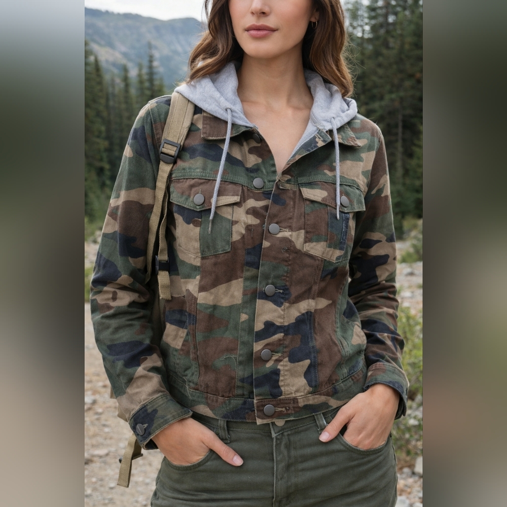 Nomad Camo Jacket Women’s Small Hooded Utility Military Style Cotton Snap Front